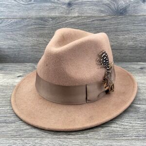 Bruno Capelo Fedora Mens Medium Tan Wool Felt Pinch Front Feather Detail Hat